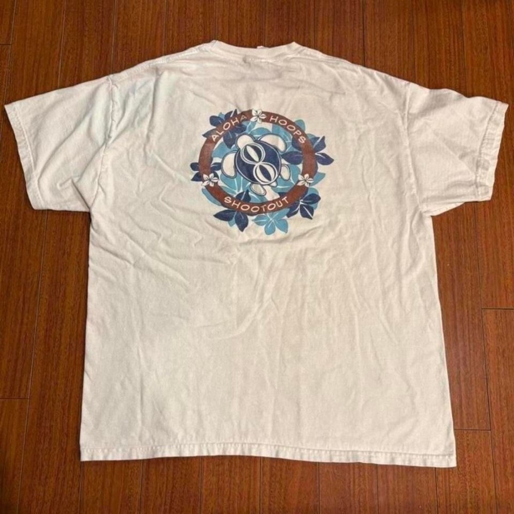 Vintage Hanes Beefy-T Aloha Hoops Shootout Graphic T-Shirt White XL Turtle